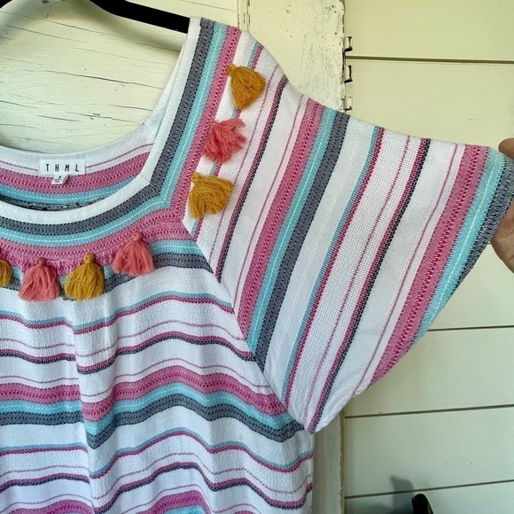 THML, WOMENS, MULTICOLOR, BOHO STYLE, STRIPE TOP.BRIGHTLY COLORED TASSELS.SIZE S - Picture 3 of 5